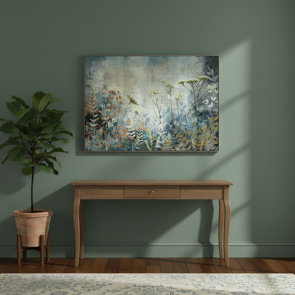 Wooden console table with a potted plant and abstract painting on a green wall