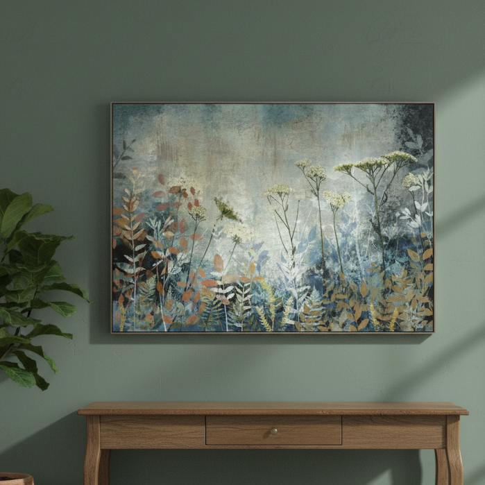 Framed abstract nature artwork on a green wall above a wooden console table.
