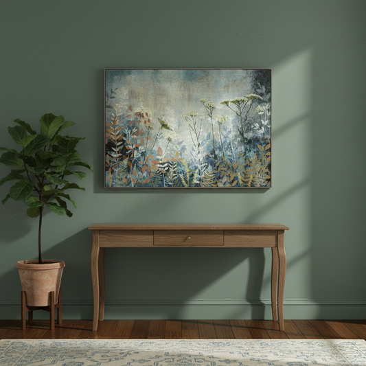 Wooden console table with a potted plant and abstract painting on a green wall