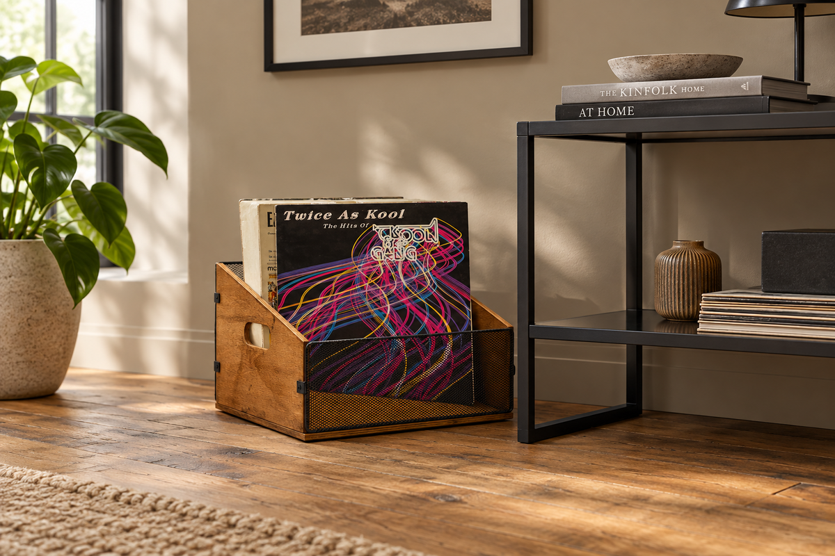 A wooden record bin holding vinyl records on a hardwood floor in a styled room, with a potted plant, framed wall art, and a black metal side table in the background.