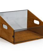 A triangular desk organizer with a warm brown wood frame and black metal mesh panels, featuring two oval cutouts on the sides, shown on a white background.