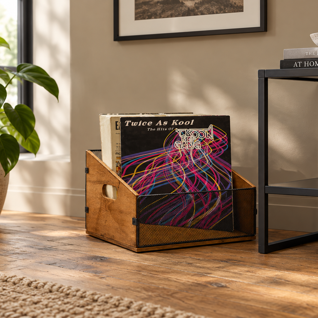 A wooden and black mesh record rack holding a vinyl record, placed on a wood floor in a styled room with a plant, framed wall art, and a side table visible.