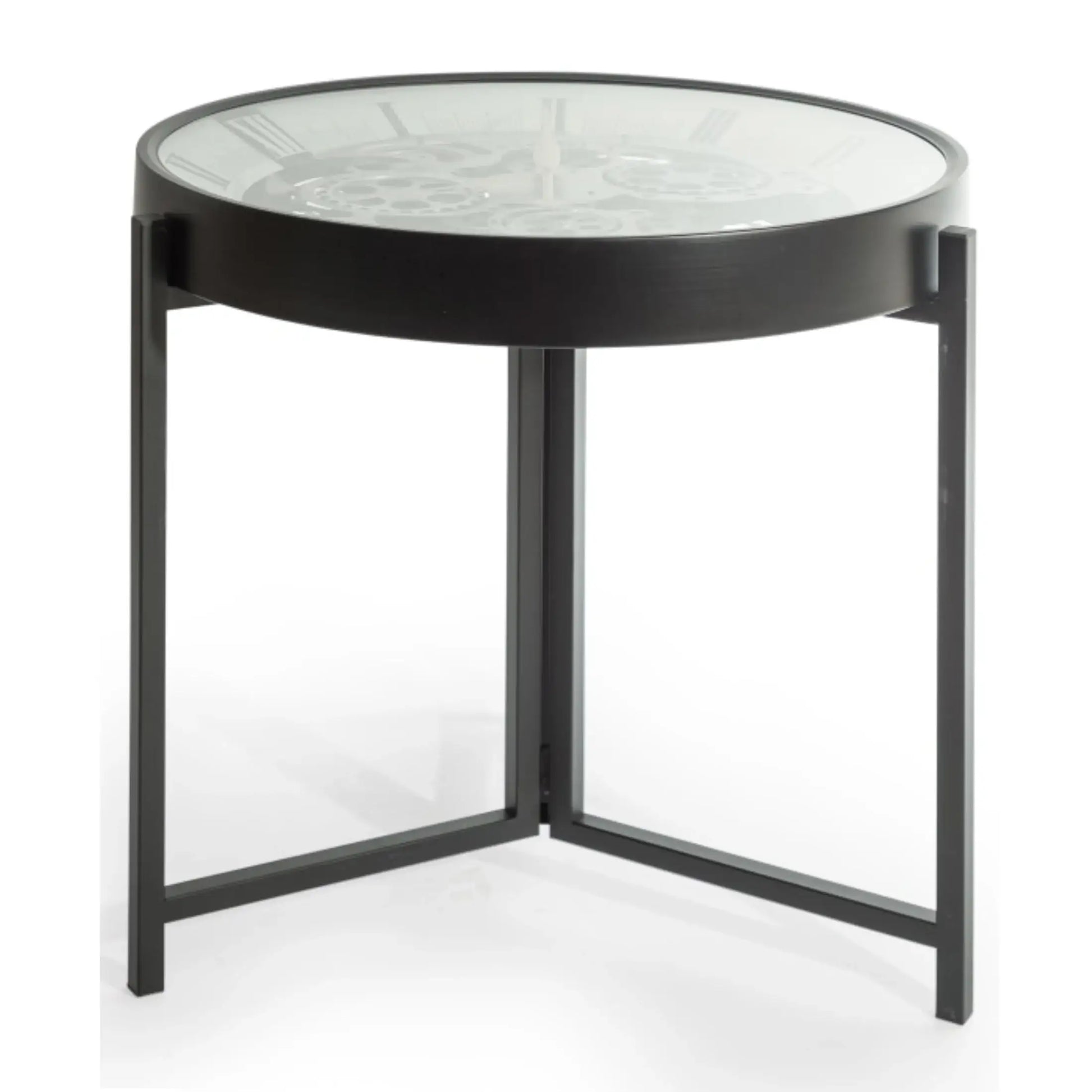 Round side table with glass top and black metal frame on a white background