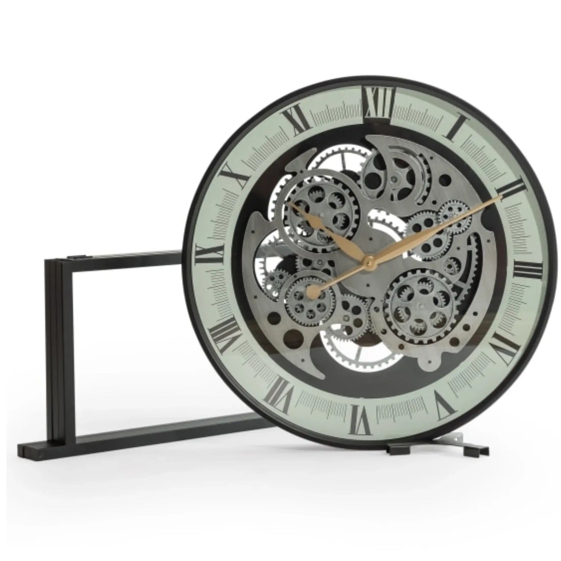 Mechanical clock with visible gears on a white background