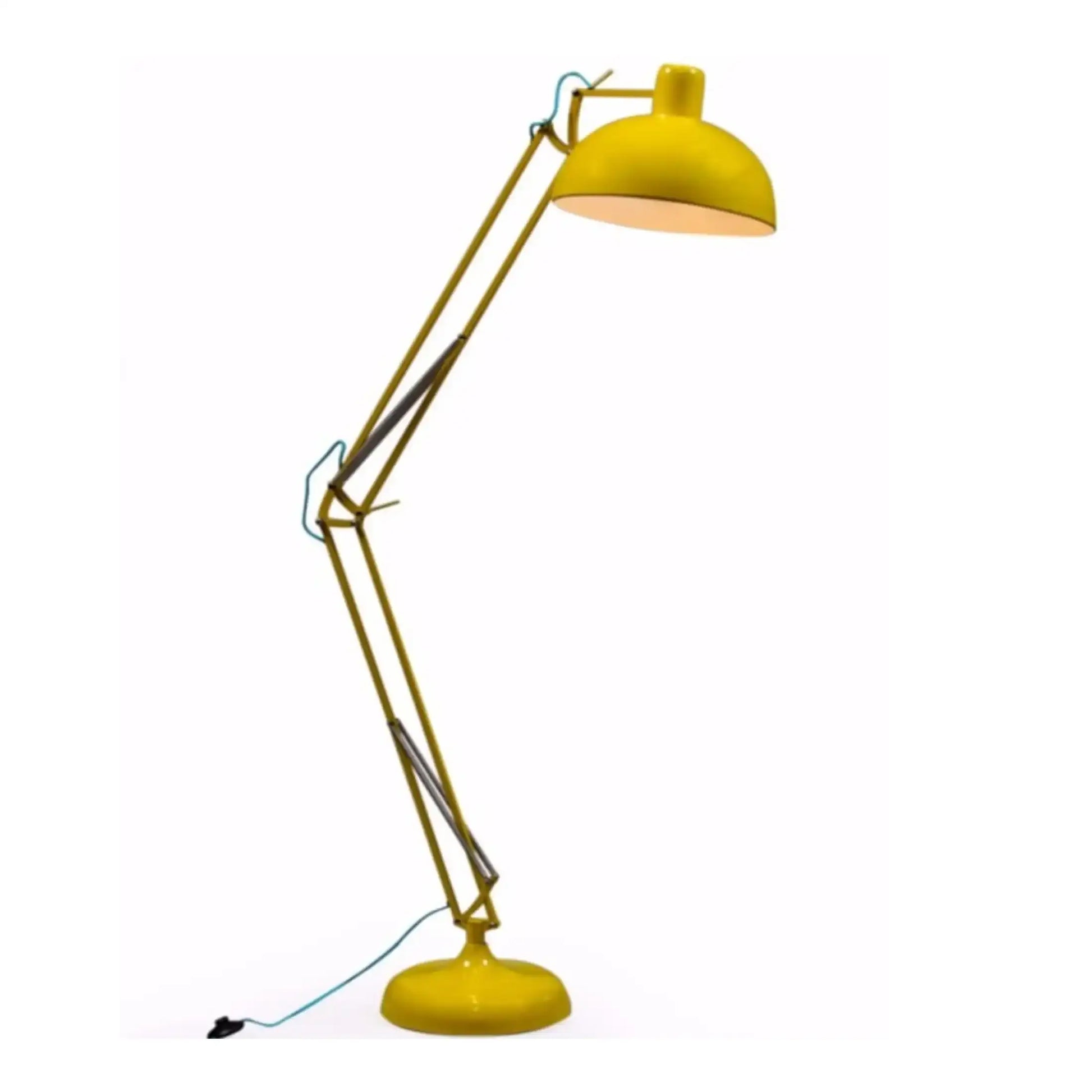Yellow floor lamp with a long arm on a white background
