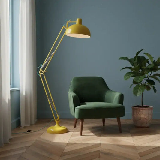 Green armchair with a yellow floor lamp in a room with a plant and window.