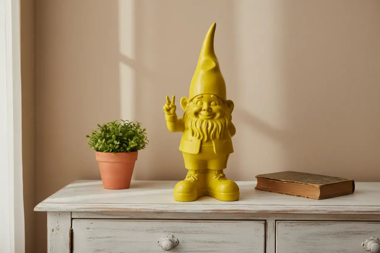 Yellow gnome figurine on a wooden surface with a potted plant and book in the background.