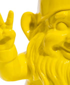 Yellow gnome making a peace sign with a white background