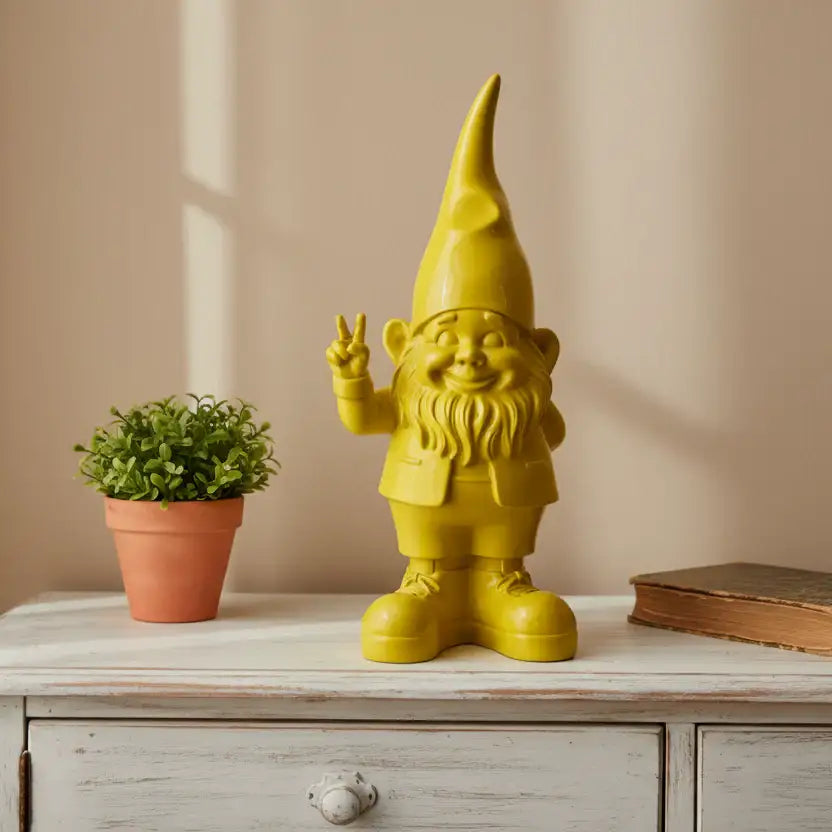 Yellow gnome figurine making a peace sign on a wooden surface with a plant and book in the background.