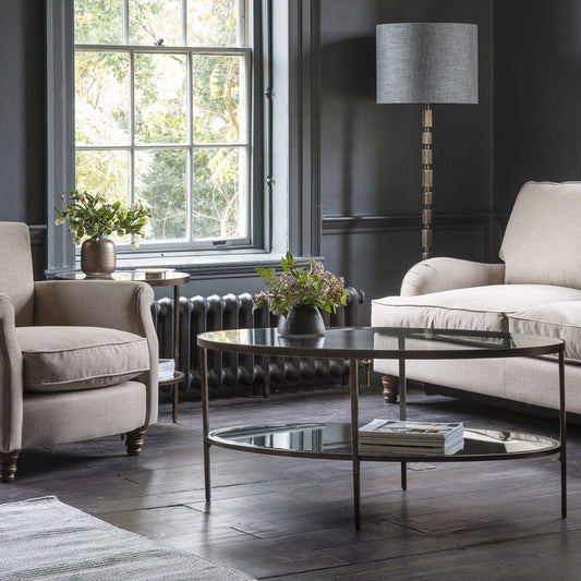 Aged Brass and Glass Large Oval Coffee Table - The Farthing