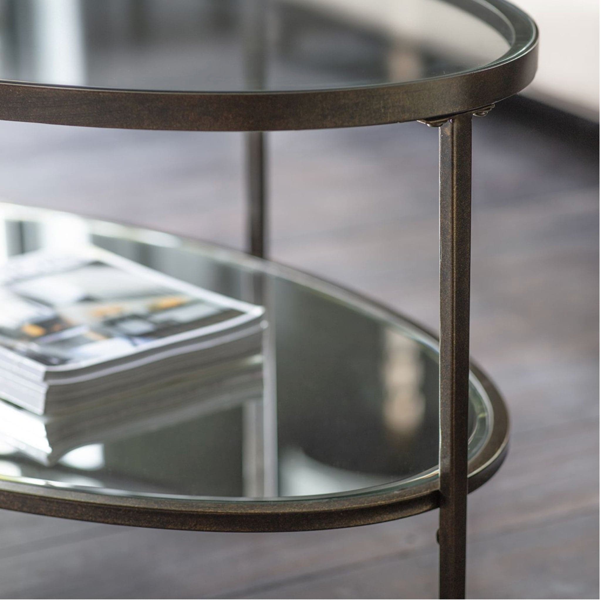 Aged Brass and Glass Large Oval Coffee Table - The Farthing