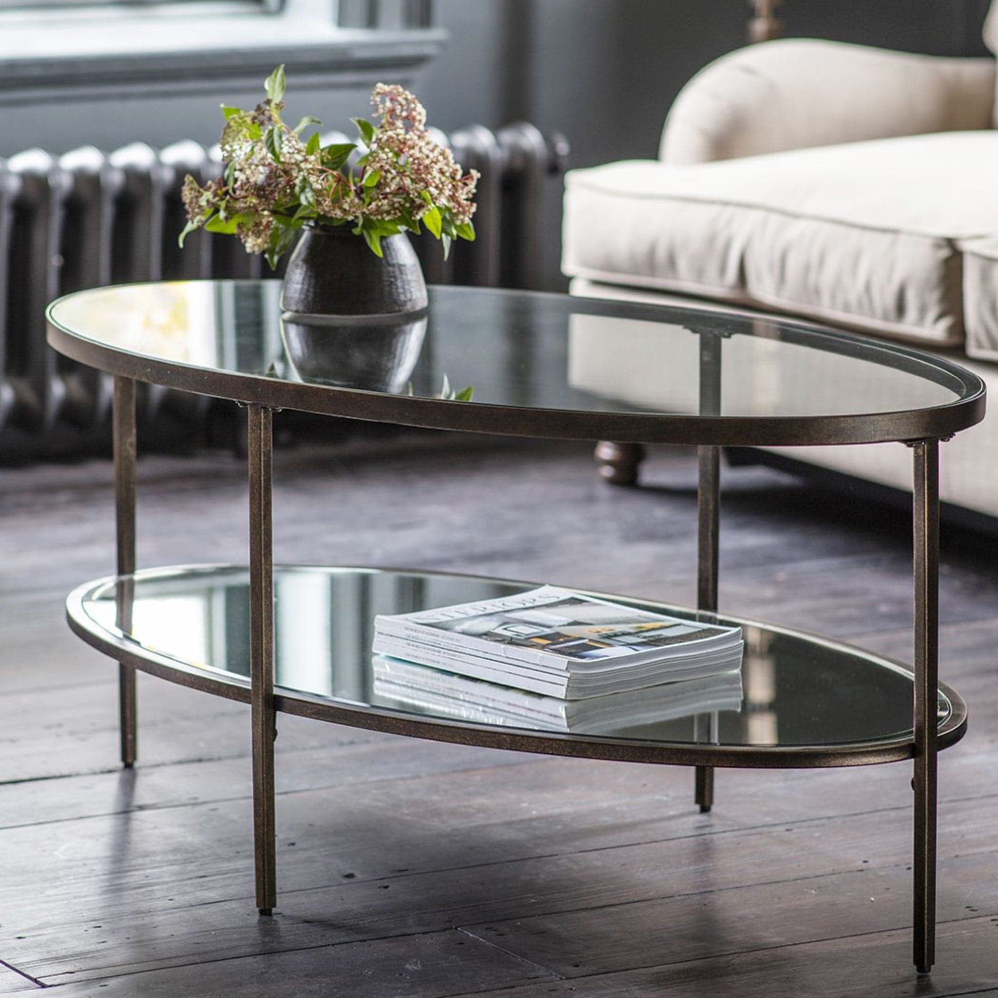 Aged Brass and Glass Large Oval Coffee Table - The Farthing