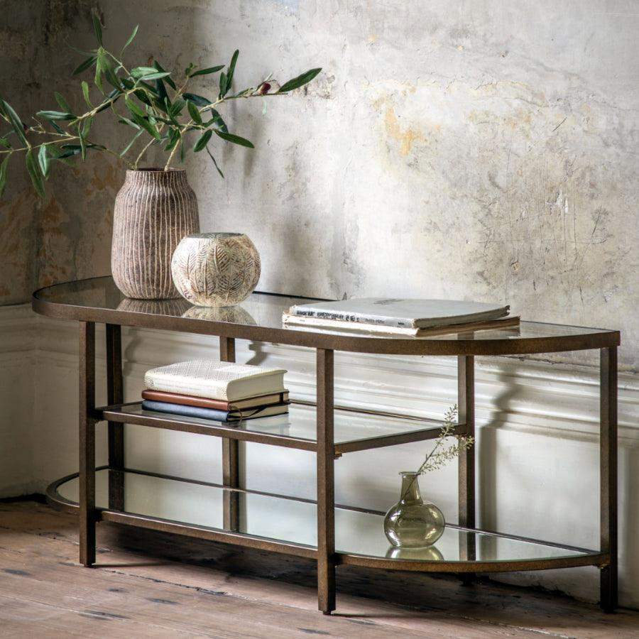 Aged Bronze Metal and Glass Rounded Media Unit - The Farthing