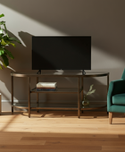 Modern living room with a television on a stand, a plant, and a teal armchair.