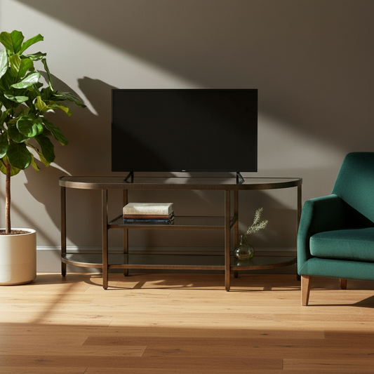 Modern living room with a television on a stand, a plant, and a teal armchair.