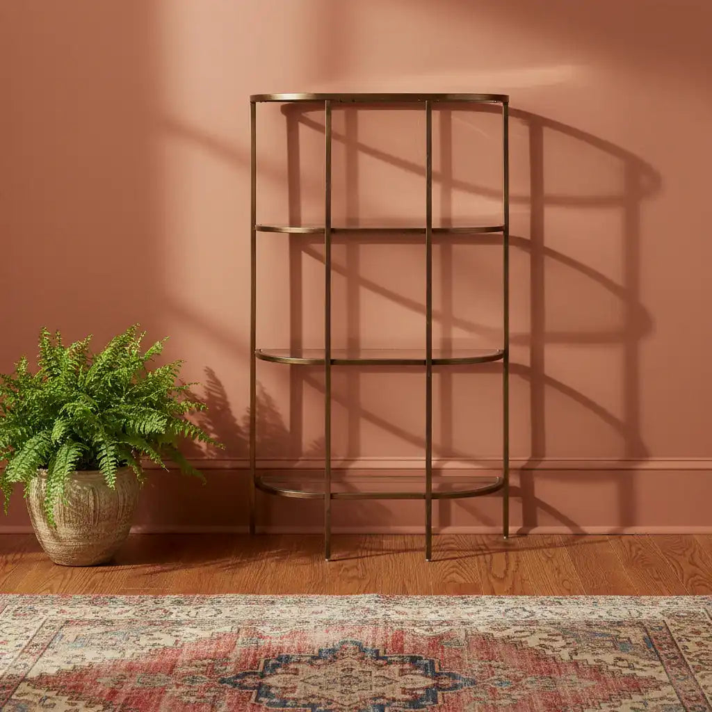 Bronze bookshelf against a pink wall with a plant and patterned rug.