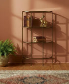 Gold metal bookshelf against a pink wall with books and a plant.