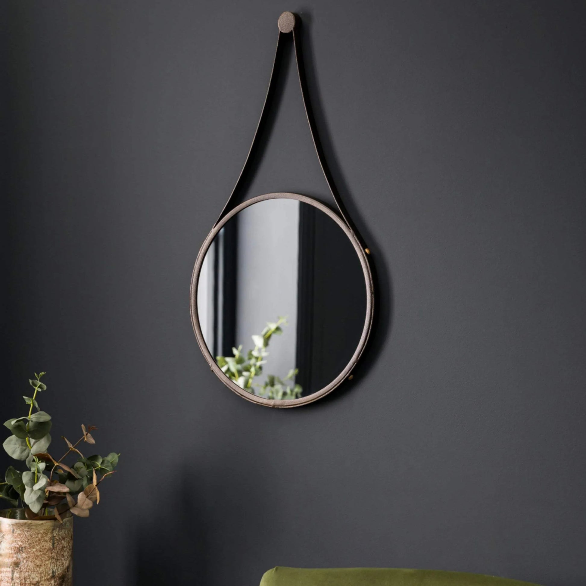 Aged Bronze Round Hanging Metal Strap Wall Mirror - The Farthing