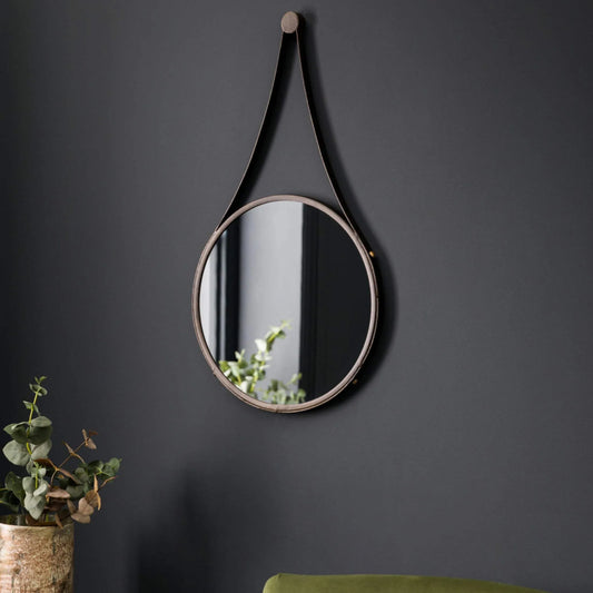 Aged Bronze Round Hanging Metal Strap Wall Mirror - The Farthing