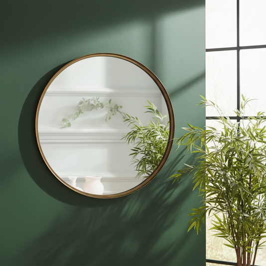 Round mirror with wooden frame on a green wall with a plant in the corner