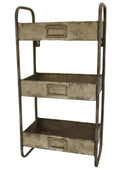 Vintage-style metal shelf with three tiers on a white background