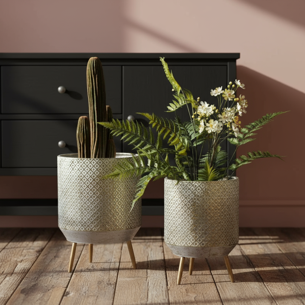 Distressed Gold Metal Planter Set of 2