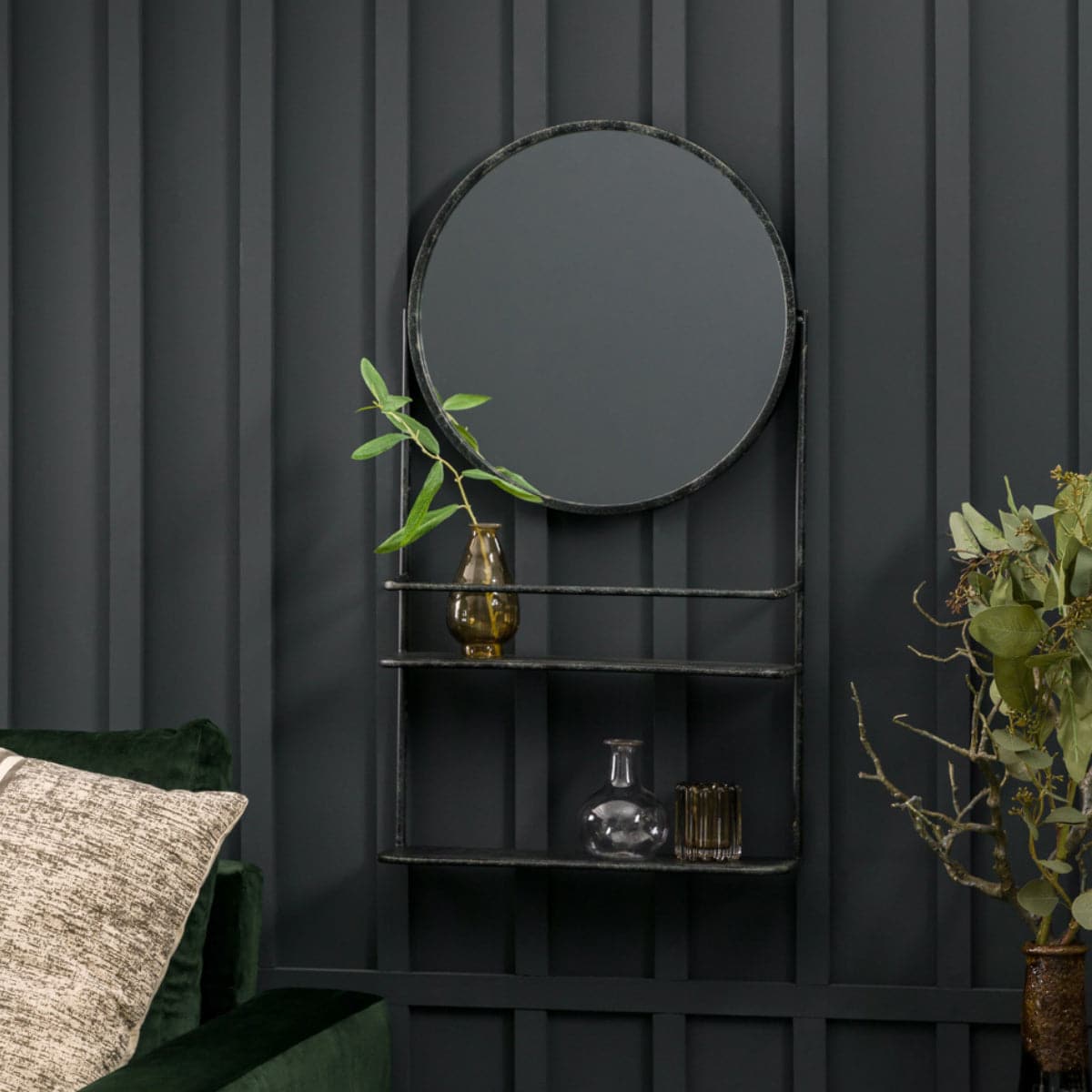 Antique Black Round Industrial Mirror with Double Shelf - The Farthing