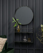 Antique Black Round Industrial Mirror with Double Shelf - The Farthing