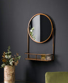 Antique Bronze Round Industrial Mirror with Shelf - The Farthing