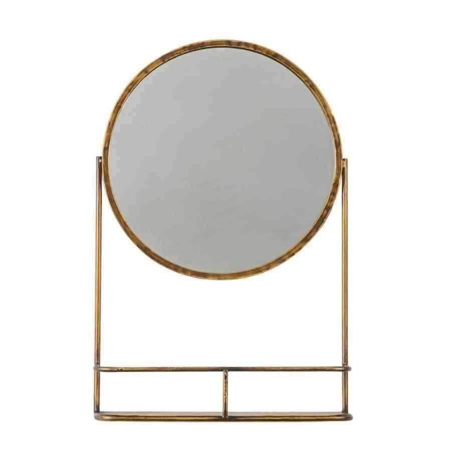 Antique Bronze Round Industrial Mirror with Shelf - The Farthing