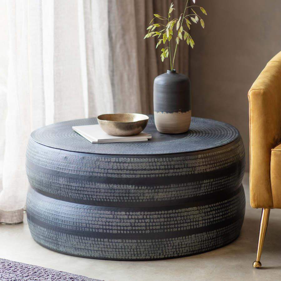 Antique Charcoal Hammered Metal Round Coffee Table - The Farthing