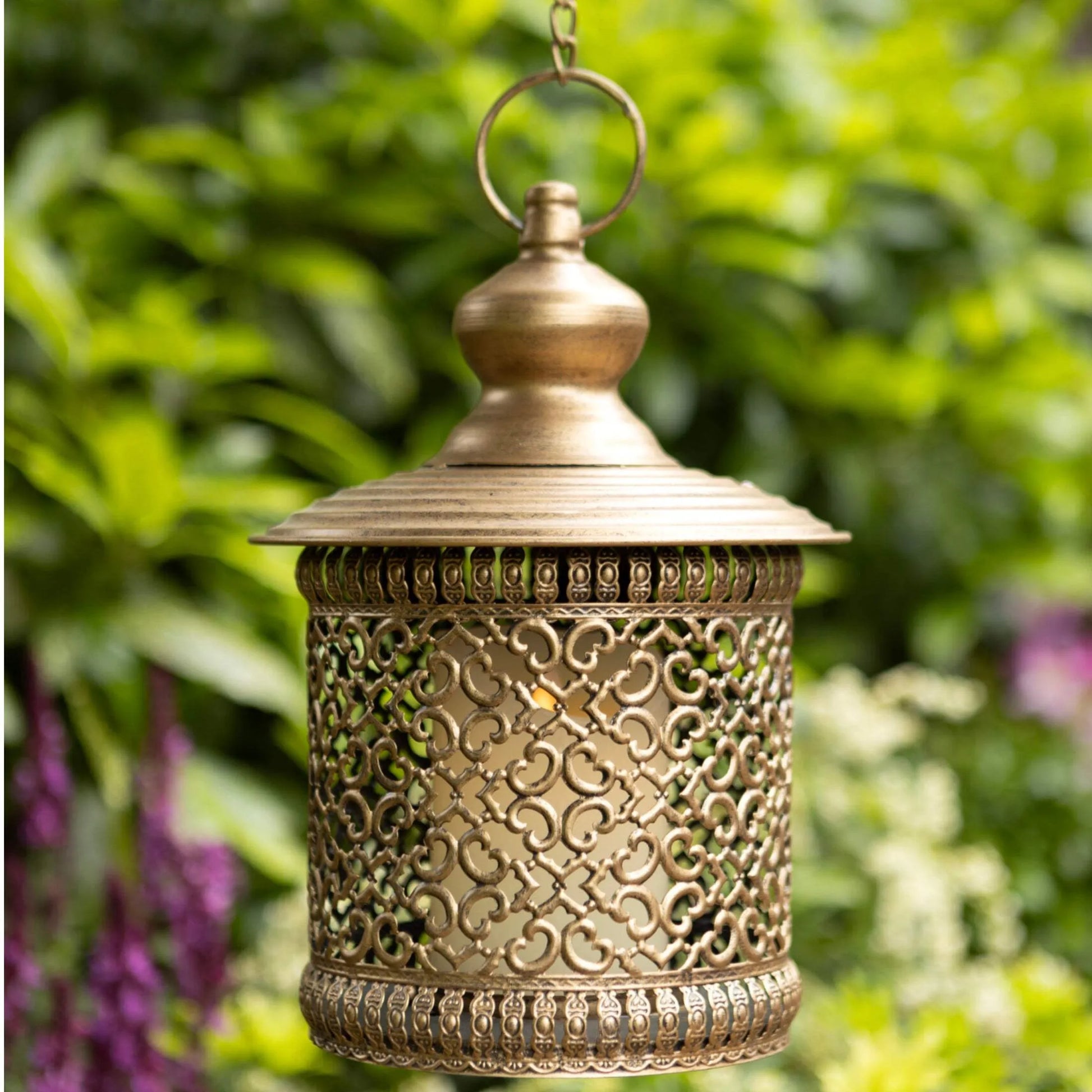 Antique Gold Hanging Filigree Metal Lantern - The Farthing