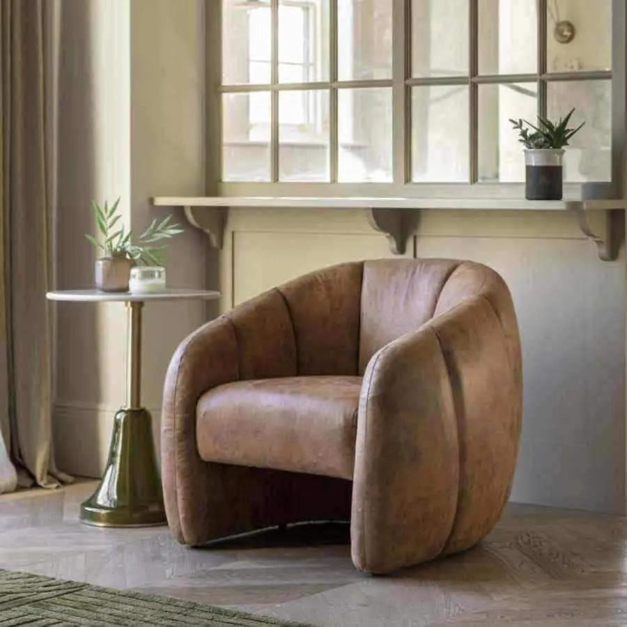 Antique Tan Leather Tub Chair - The Farthing