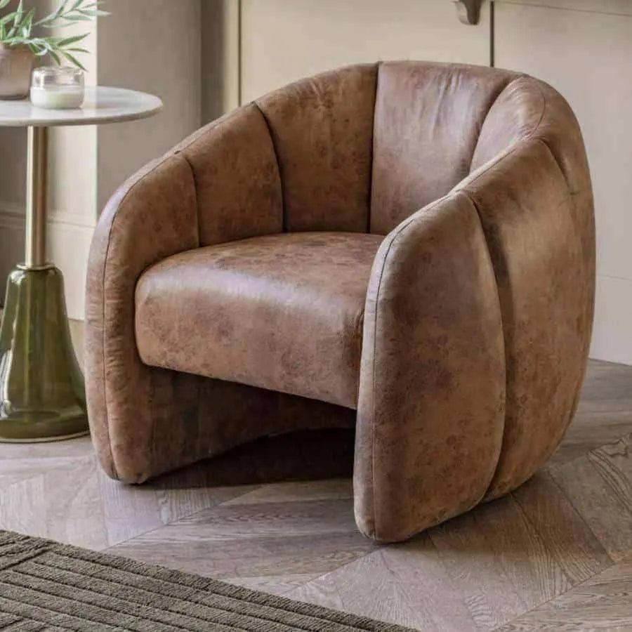 Antique Tan Leather Tub Chair - The Farthing