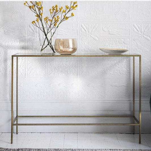 Antiqued Bronze Metal and Glass Console Table - The Farthing