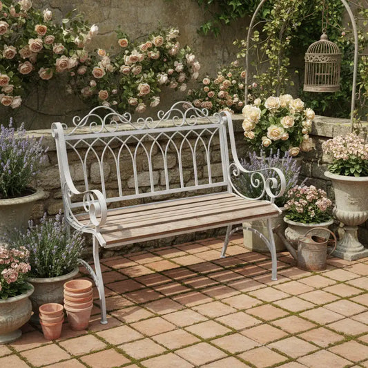 Antiqued Grey Metal & Wood Garden Bench