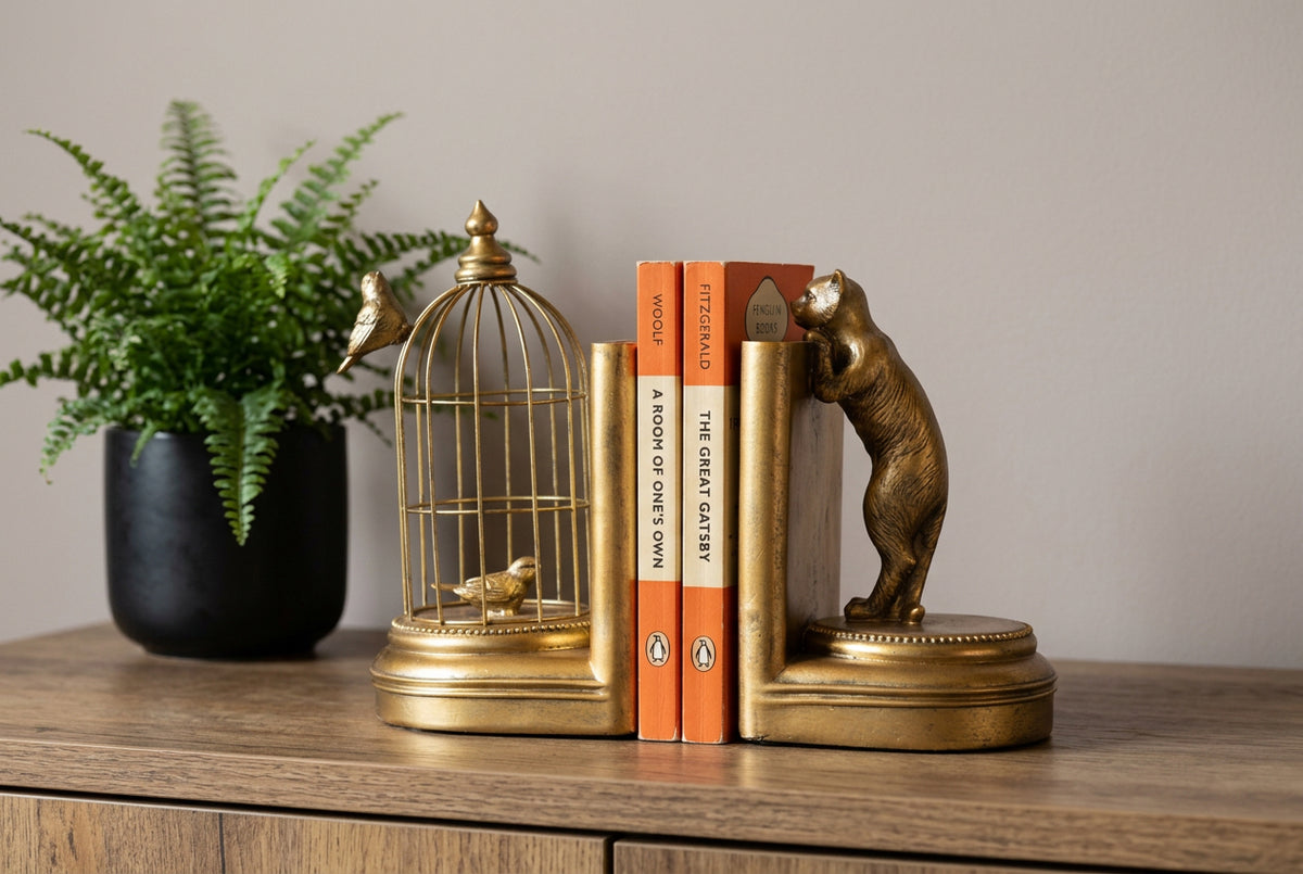 Gold-toned decorative bookends shaped like a birdcage with birds and a bear, holding two books against a dark background.