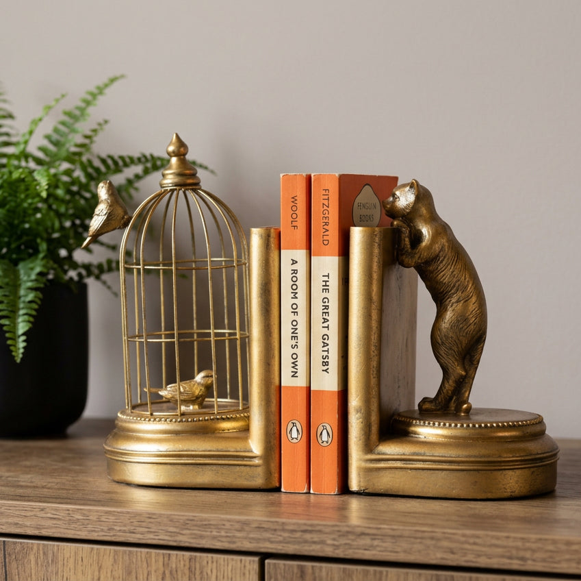 Antique Gold Curious Cat Bookends