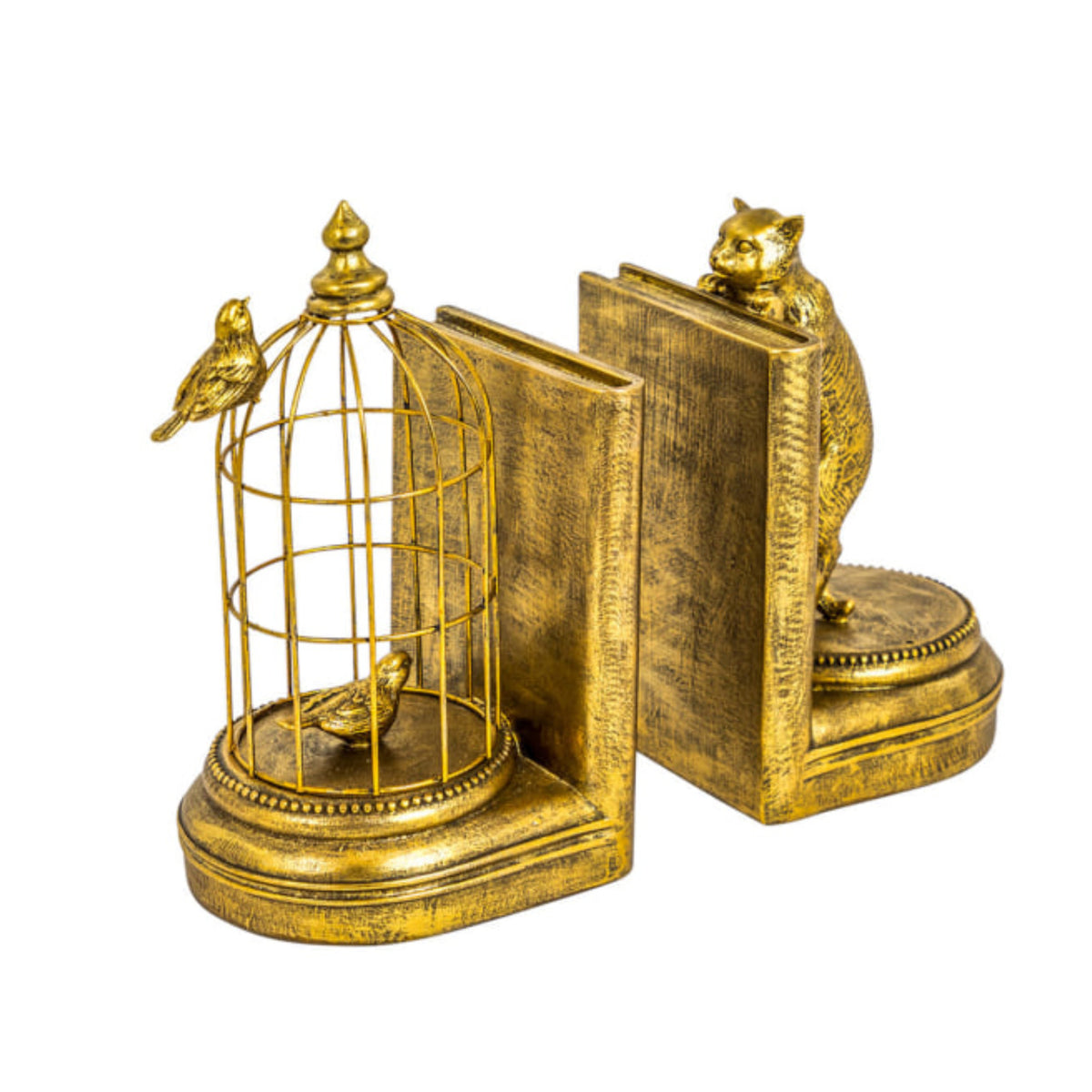 A pair of ornate gold-toned bookends shaped like books, with a birdcage and small birds on one end and a cat standing on the other, shown on a plain white background.