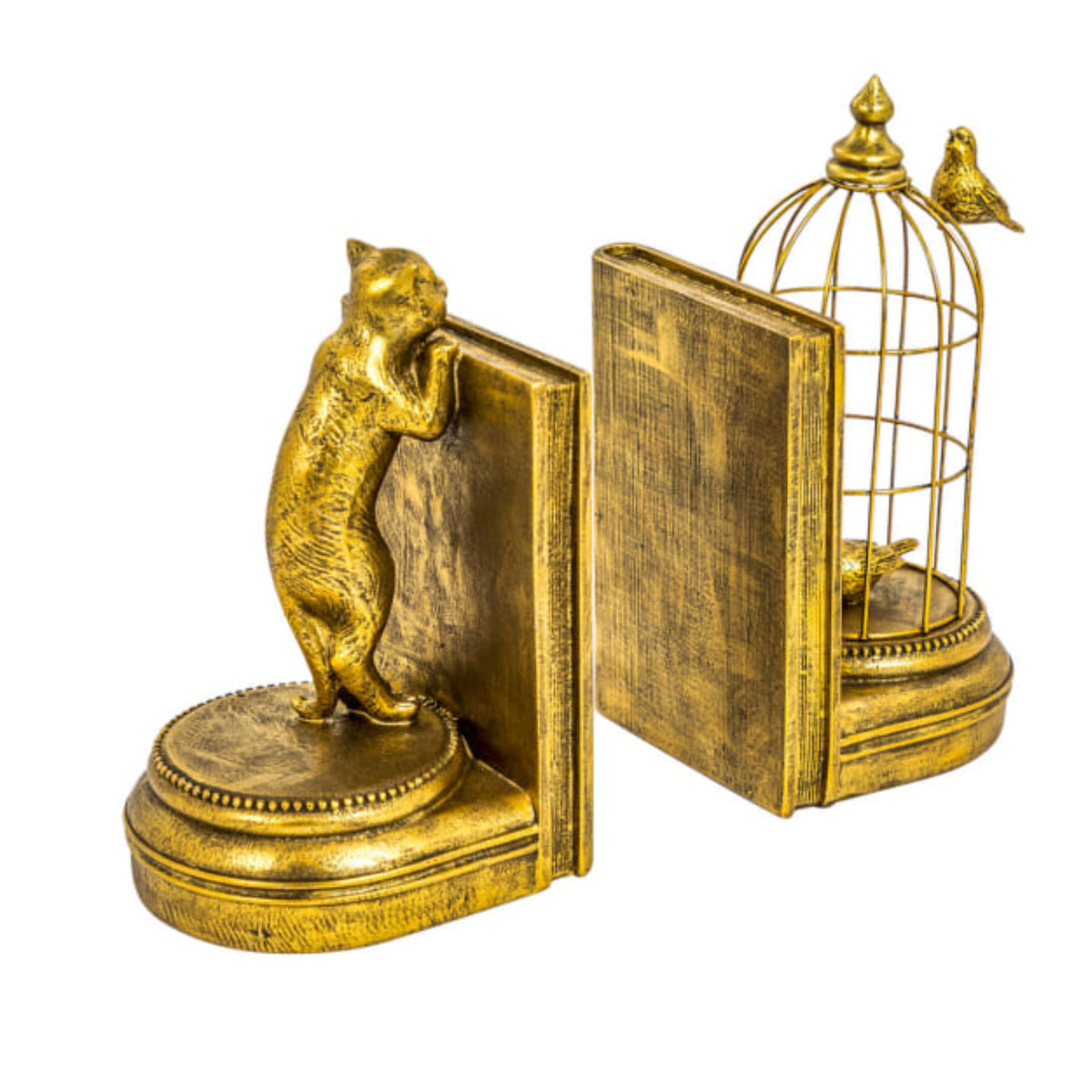 A pair of ornate gold-toned bookends shaped like old books, with one end featuring a small cat figurine and the other featuring a birdcage with birds, shown on a plain white background.