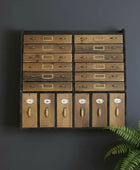 Wooden drawer unit with brass handles against a dark gray wall, accompanied by a potted fern.