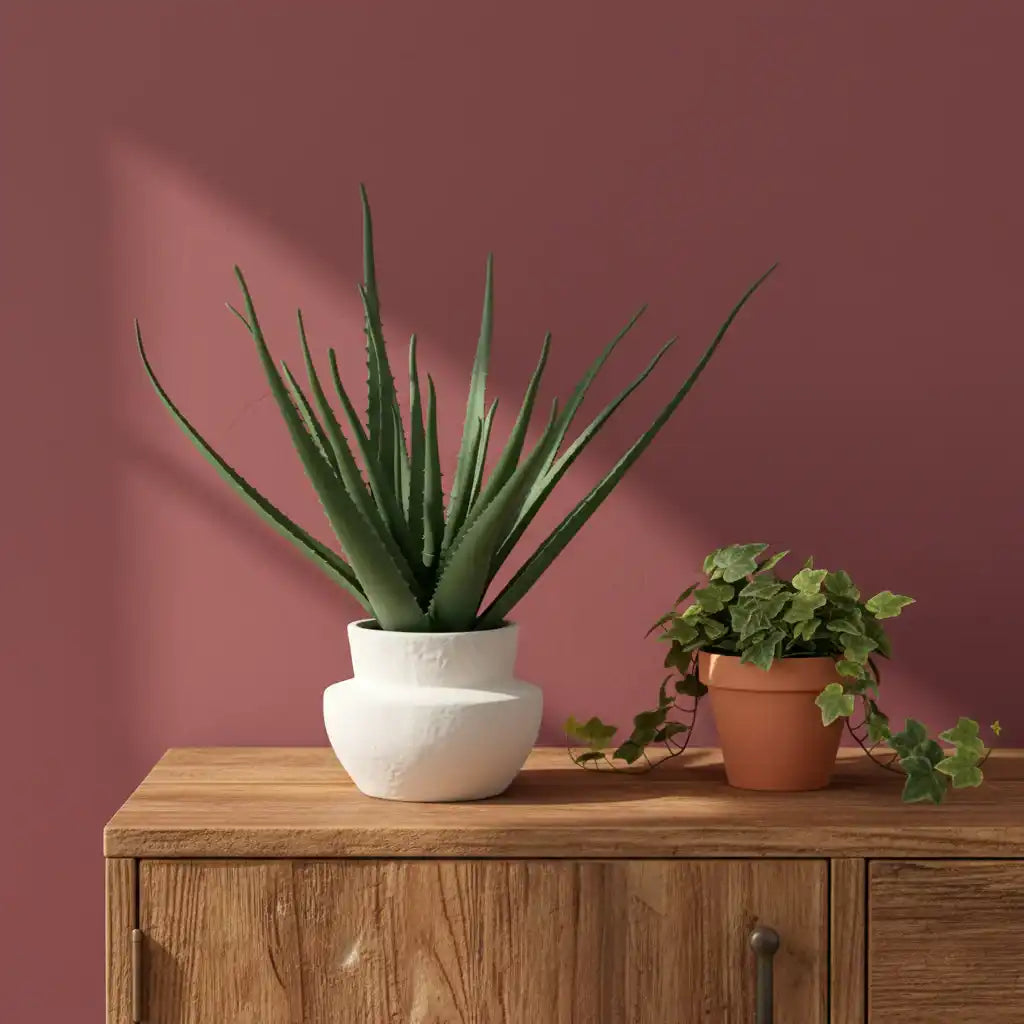 Two potted plants on a wooden cabinet against a maroon wall
