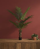Potted plant on a wooden surface with a red-brown wall background