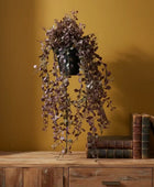 Decorative plant in a pot on a wooden surface with a yellow wall background