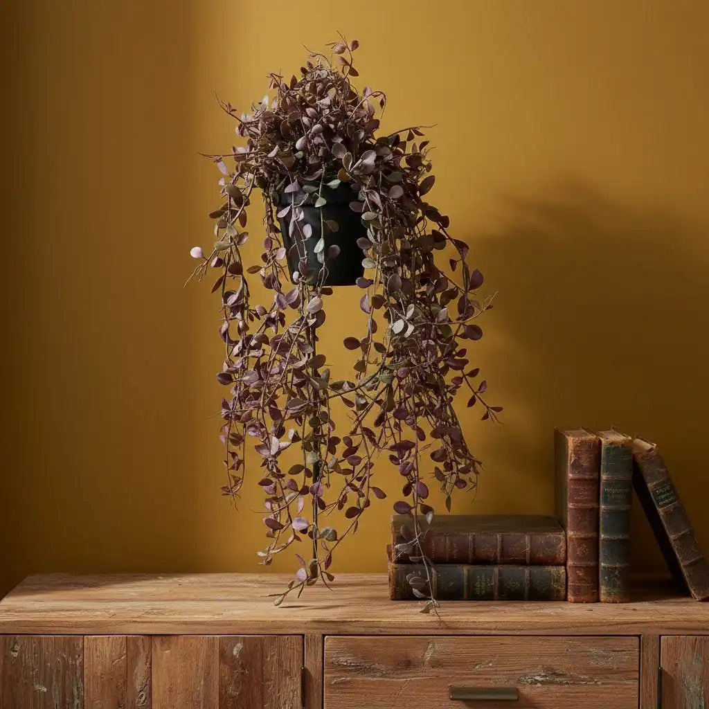 Decorative plant in a pot on a wooden surface with a yellow wall background