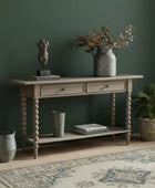 Wooden console table with decorative items on a white background