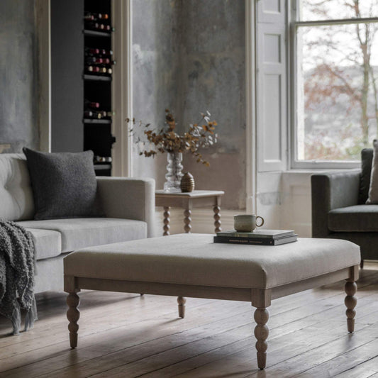 Beaded Edge Oak Coffee Table with Padded Fabric Top - The Farthing