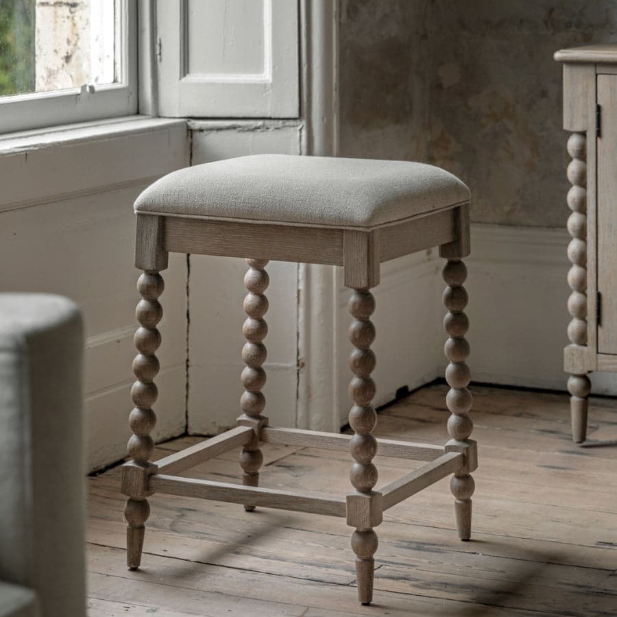 Beaded Edge Oak Stool with Fabric Padded Top - The Farthing