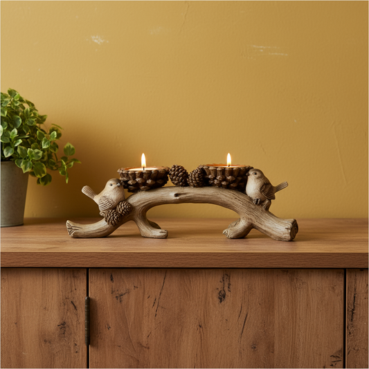 Decorative candle holder with candles on a wooden surface against a yellow wall.