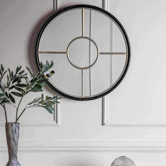 Black and Gold Framed Round Window Mirror - The Farthing